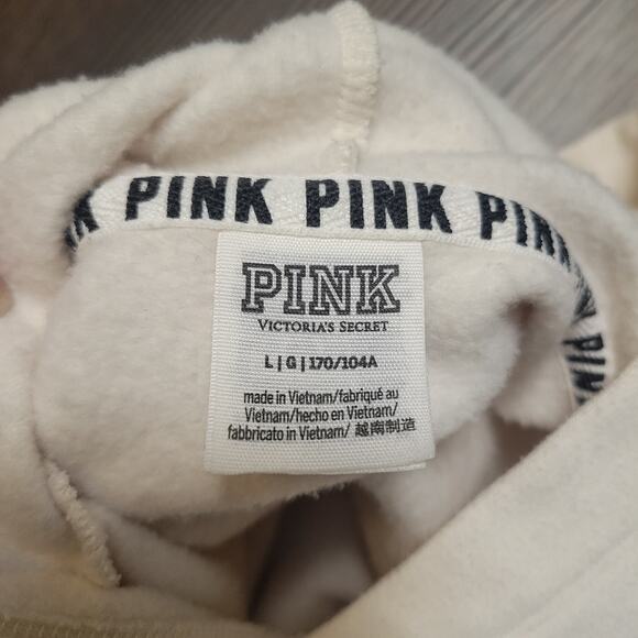 PINK Victoria's Secret Hoodie Women's L Cream Ivory Velvet Logo Sweater Cropped - Picture 3 of 4